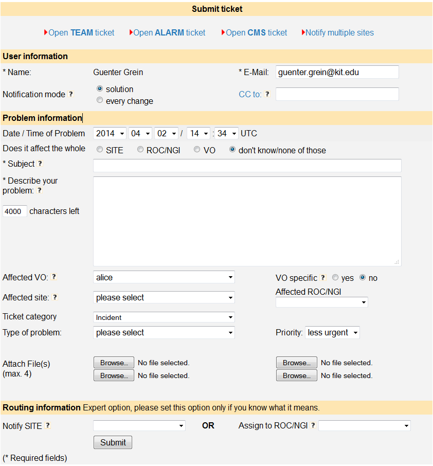 Ticket submit form on web interface