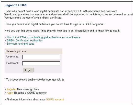 Screen to login to GGUS with login and password