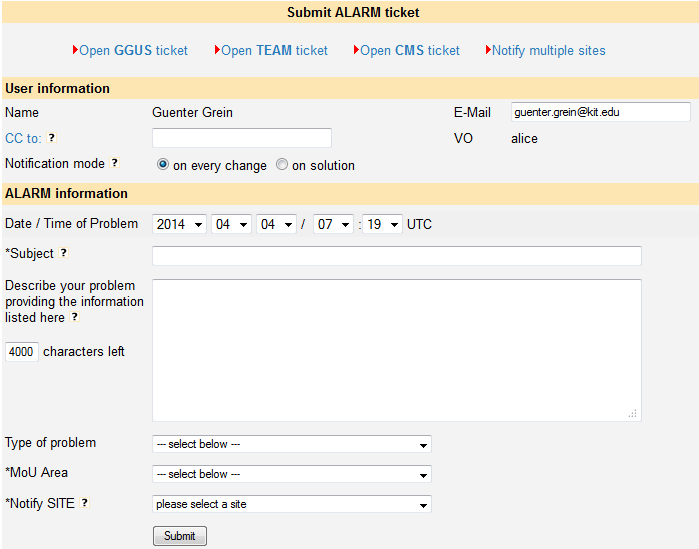 Submit form for alarm tickets in GGUS portal
