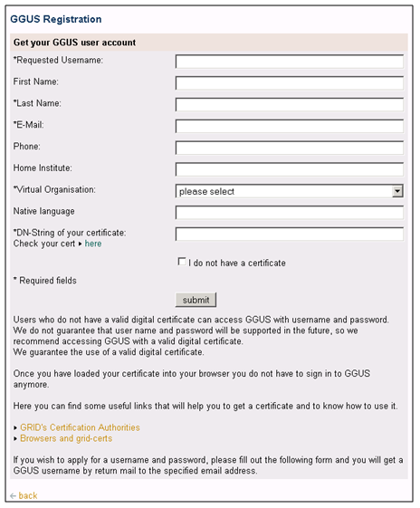 Registration form for GGUS users
