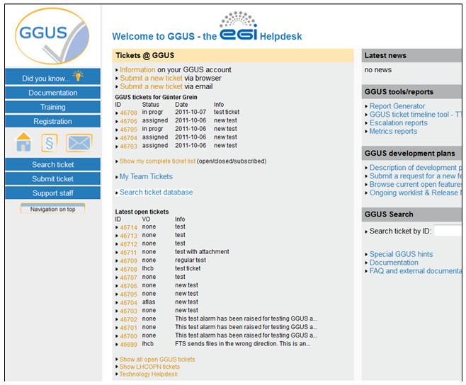 GGUS home page for recognized users